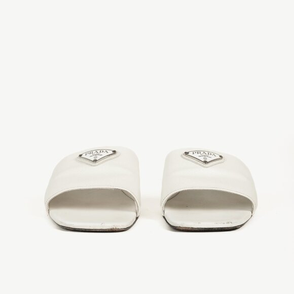 Prada White Saffiano Leather Logo Slide Sandals - Picture 3 of 11